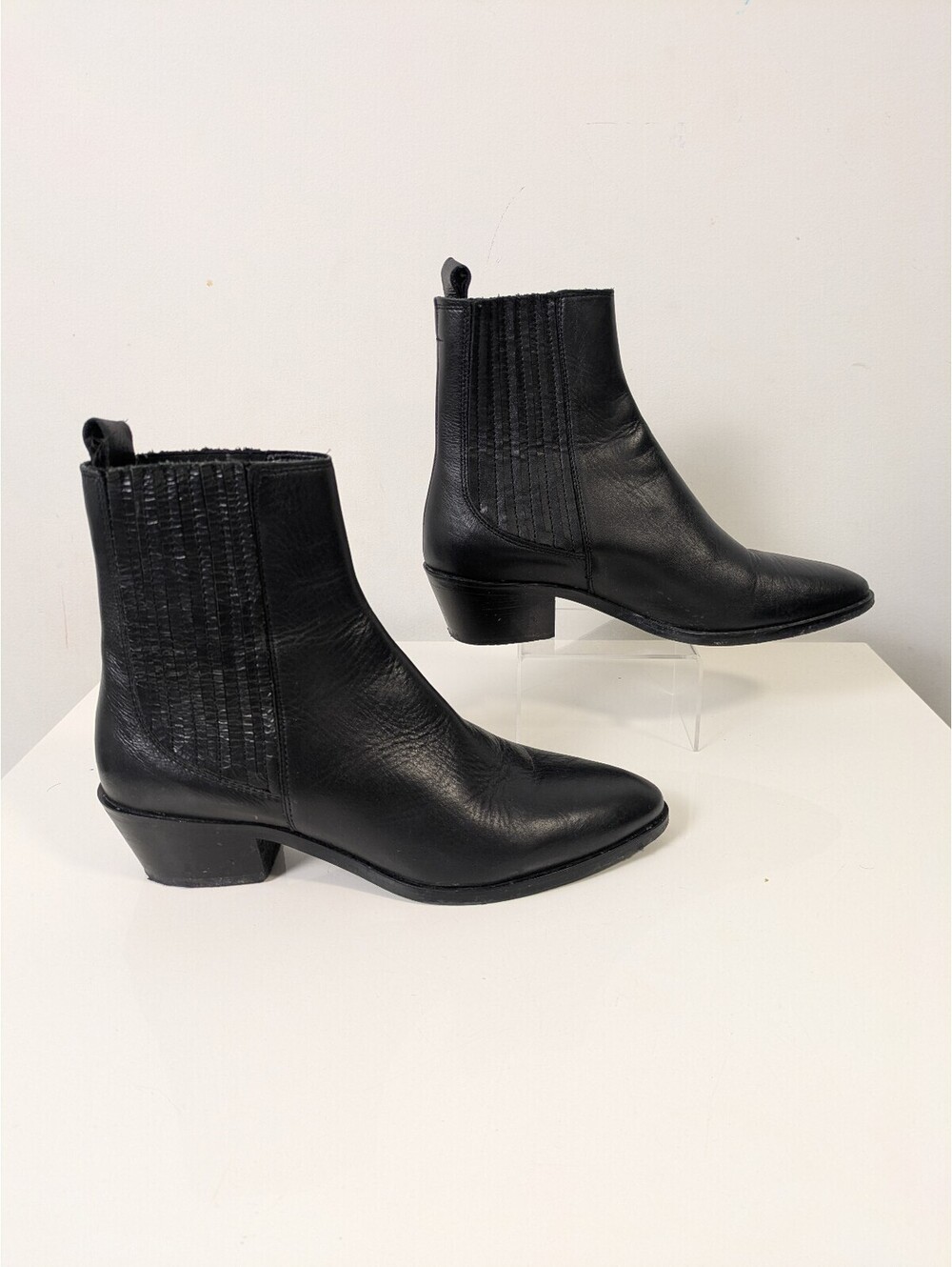 Black Leather Western Ankle Boots – Pointed Toe Block Heel Size EU 37 / US 6.5-7